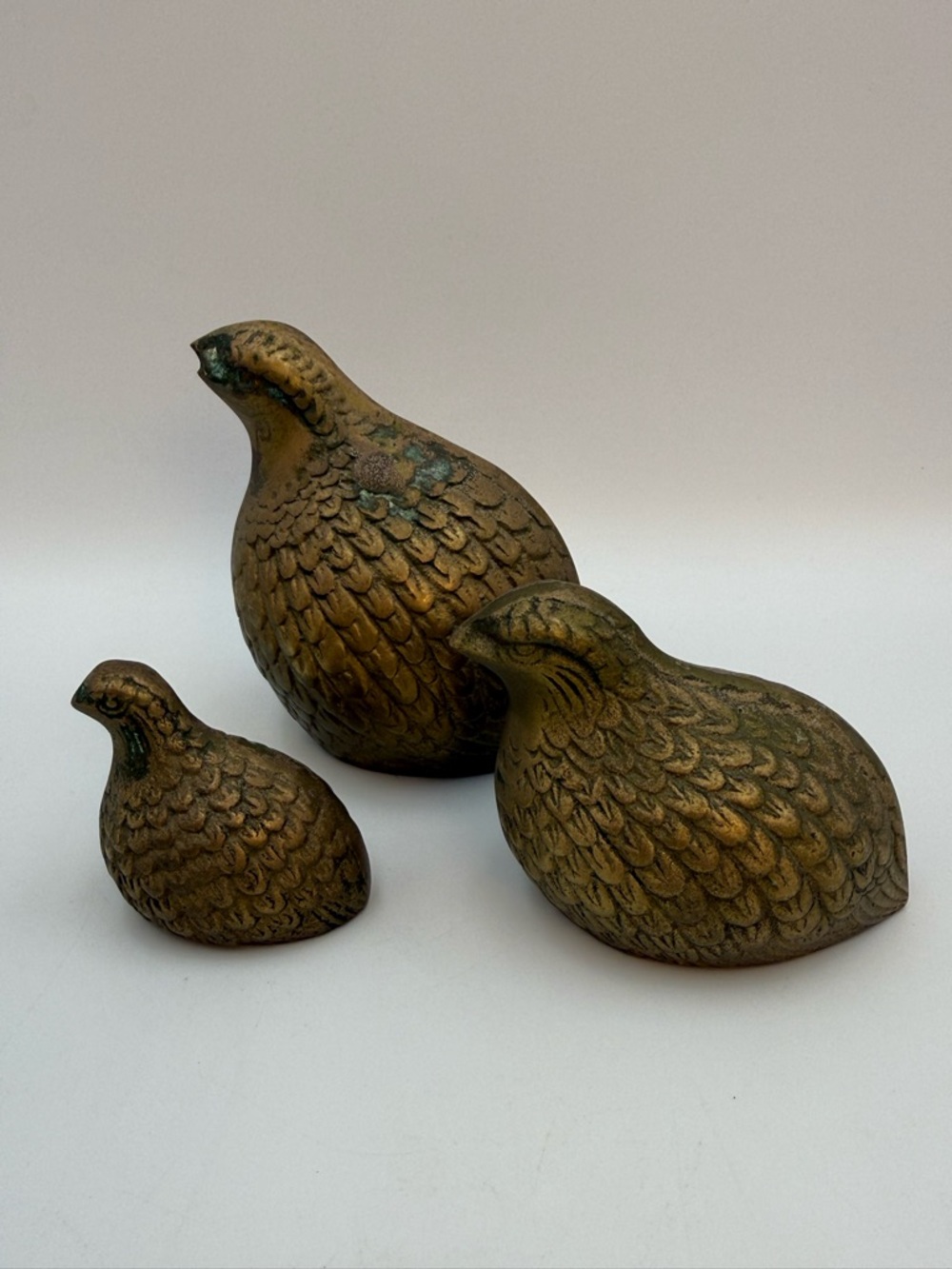 Vintage Mid Century Brass Quail / Partridge Statues, a Set of 3